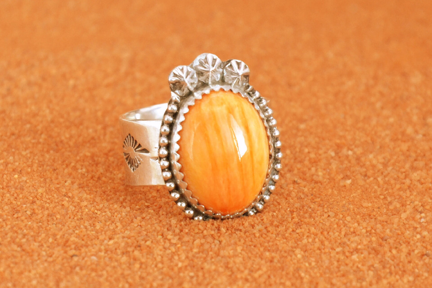 Bague femme-spiny oyster-amerindienne-style navajo-cadeau-argent sterling-orange-artisanat