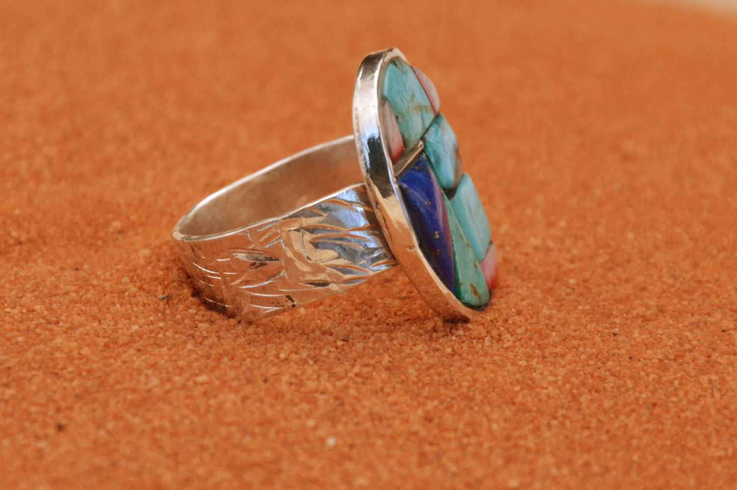 Bague homme-chevaliere-turquoise-lapis lazuli-corail-bijoux amerindiens-argent sterling-cadeau