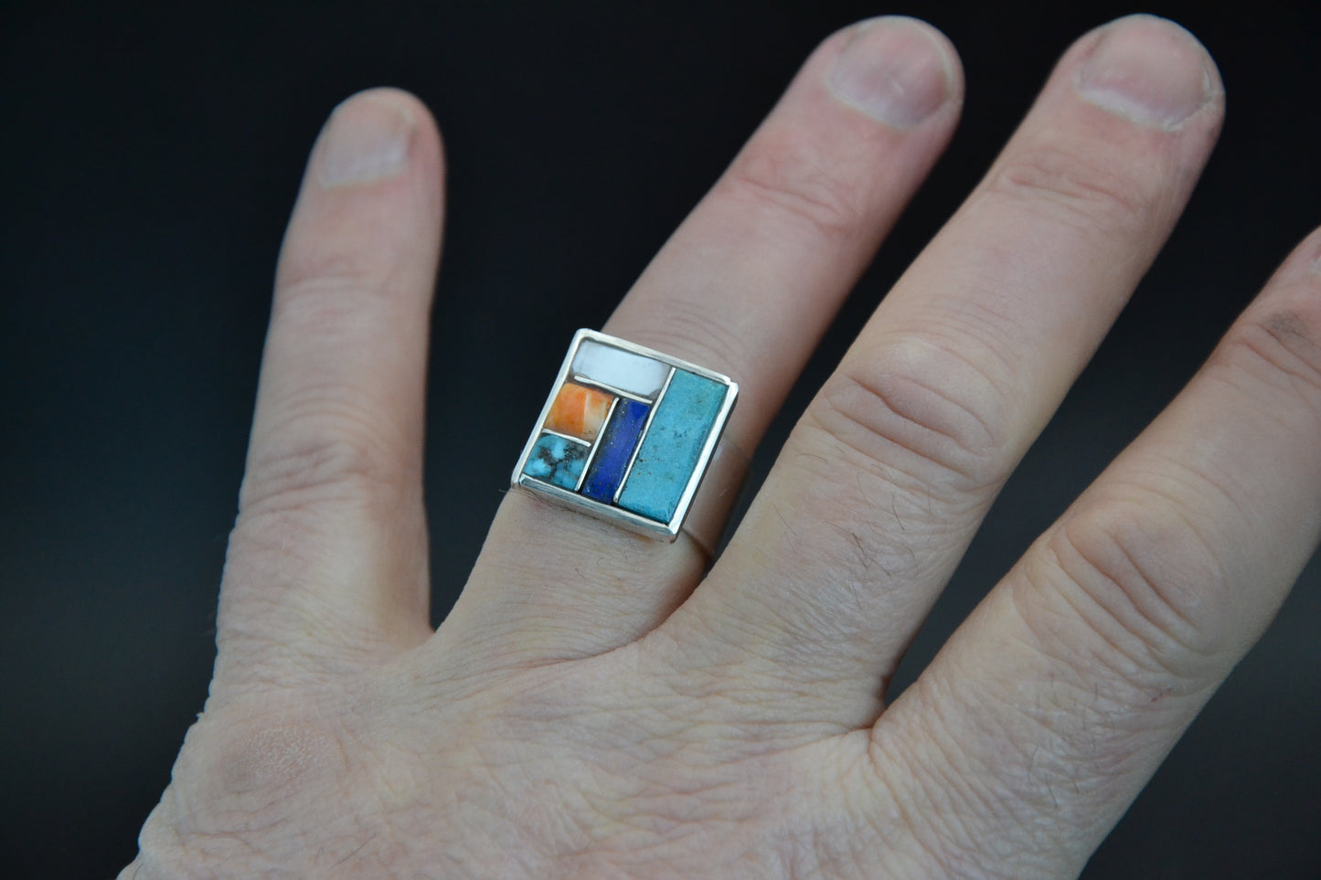 Bijoux amerindiens-style navajo-bague multipierres-argent sterling-turquoise-lapis-nacre-spiny oyster-homme et femme-taille 58