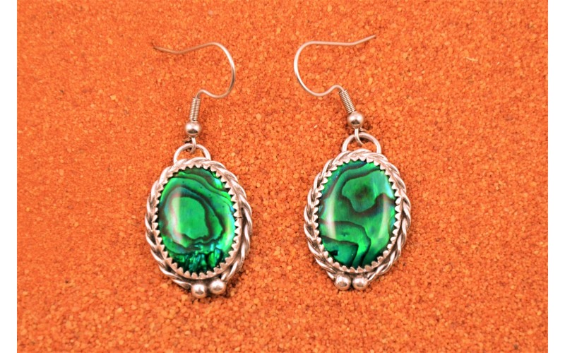 Abalone earrings, paua shell, green color, 925/1000 silver, rope, drops, handmade, Navajo style, gift
