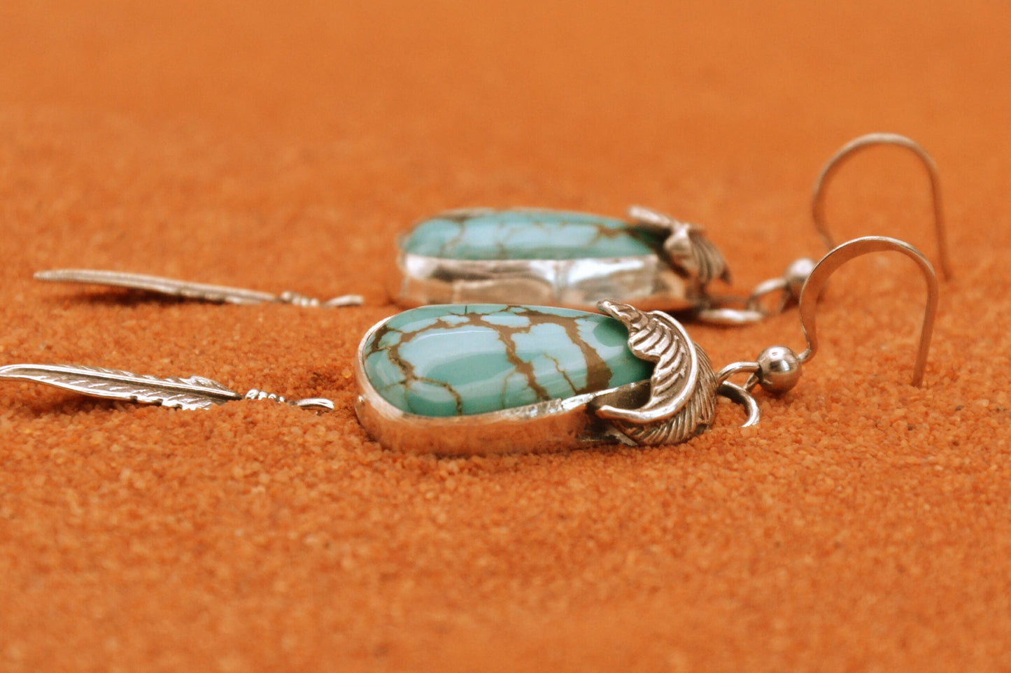 Boucles d'oreilles-turquoise number 8-bijoux amerindiens-style navajo-plumes-pendantes-unique-argent-cadeau