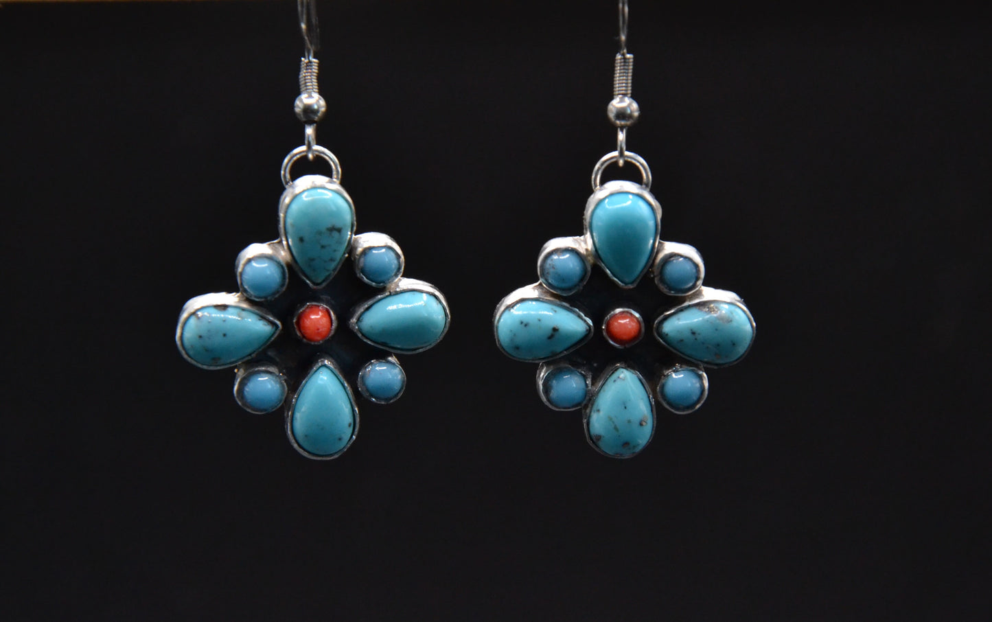 Boucles d'oreilles-femme-turquoise-corail-amerindienne-navajo-argent sterling-cadeau