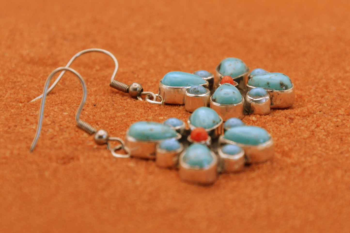 Boucles d'oreilles-femme-turquoise-corail-amerindienne-navajo-argent sterling-cadeau