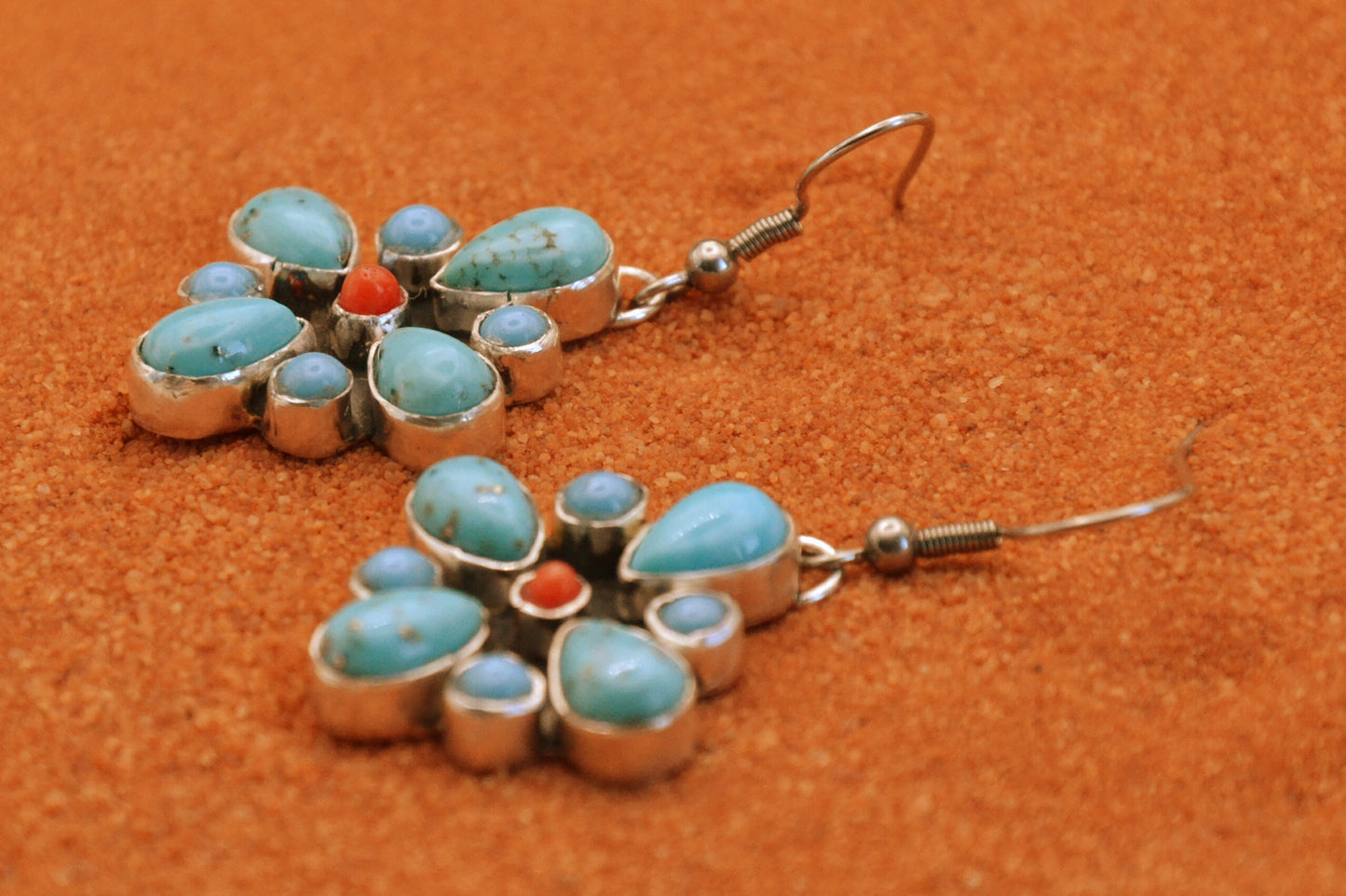 Boucles d'oreilles-femme-turquoise-corail-amerindienne-navajo-argent sterling-cadeau