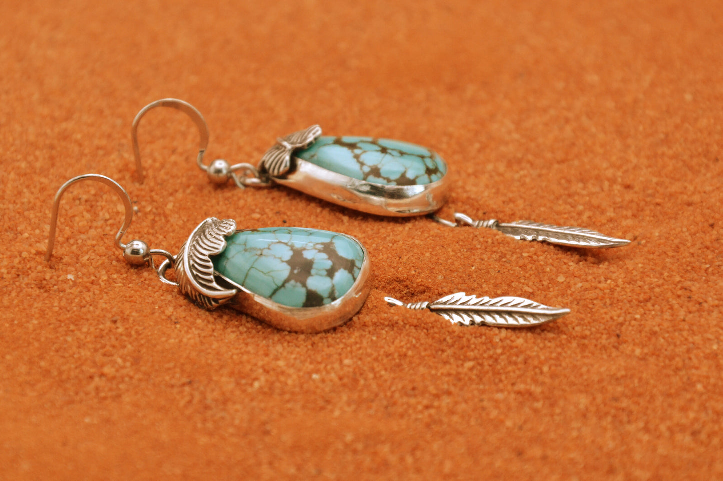 Boucles d'oreilles-turquoise number 8-bijoux amerindiens-style navajo-plumes-pendantes-unique-argent-cadeau