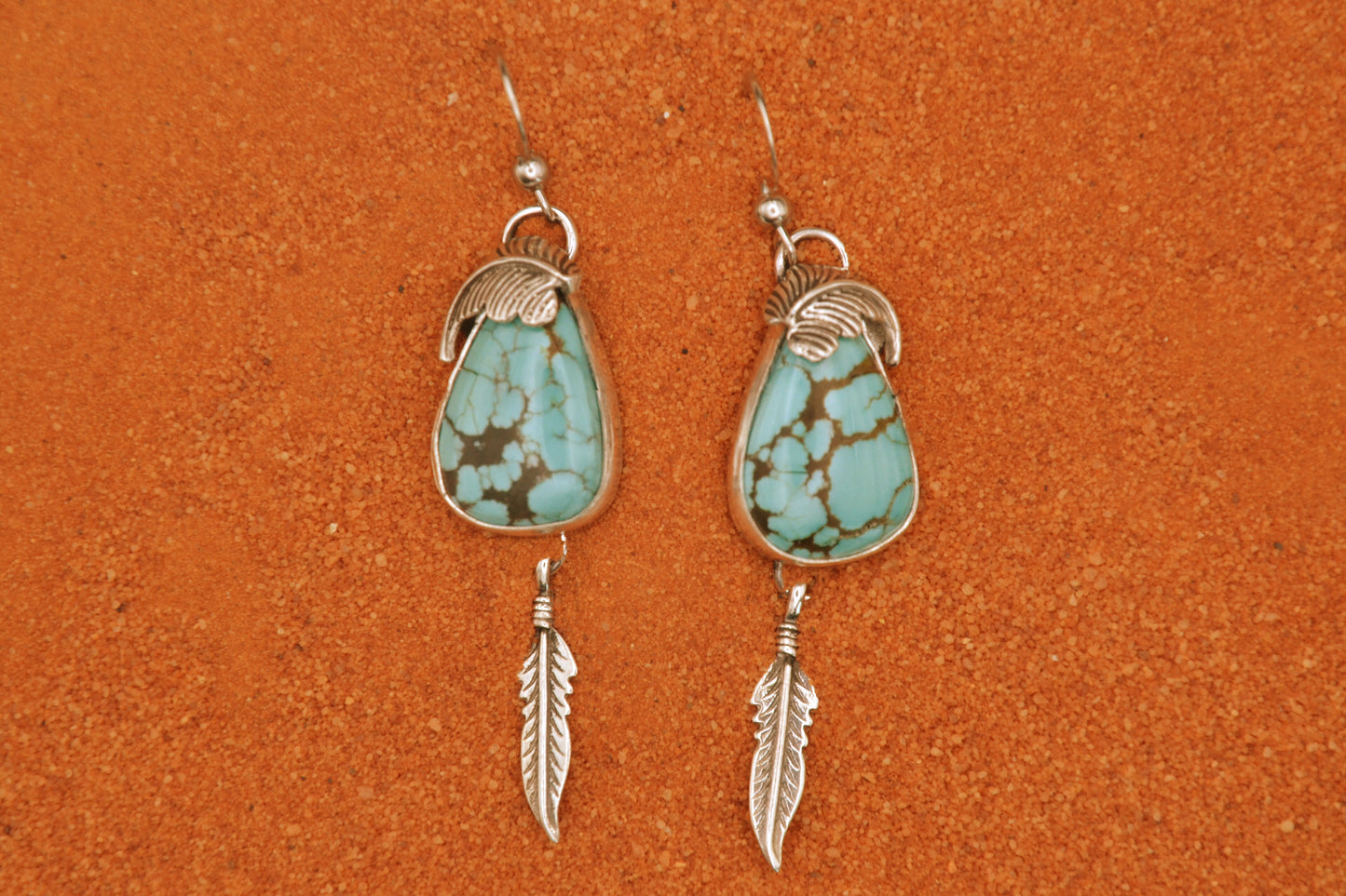 Boucles d'oreilles-turquoise number 8-bijoux amerindiens-style navajo-plumes-pendantes-unique-argent-cadeau