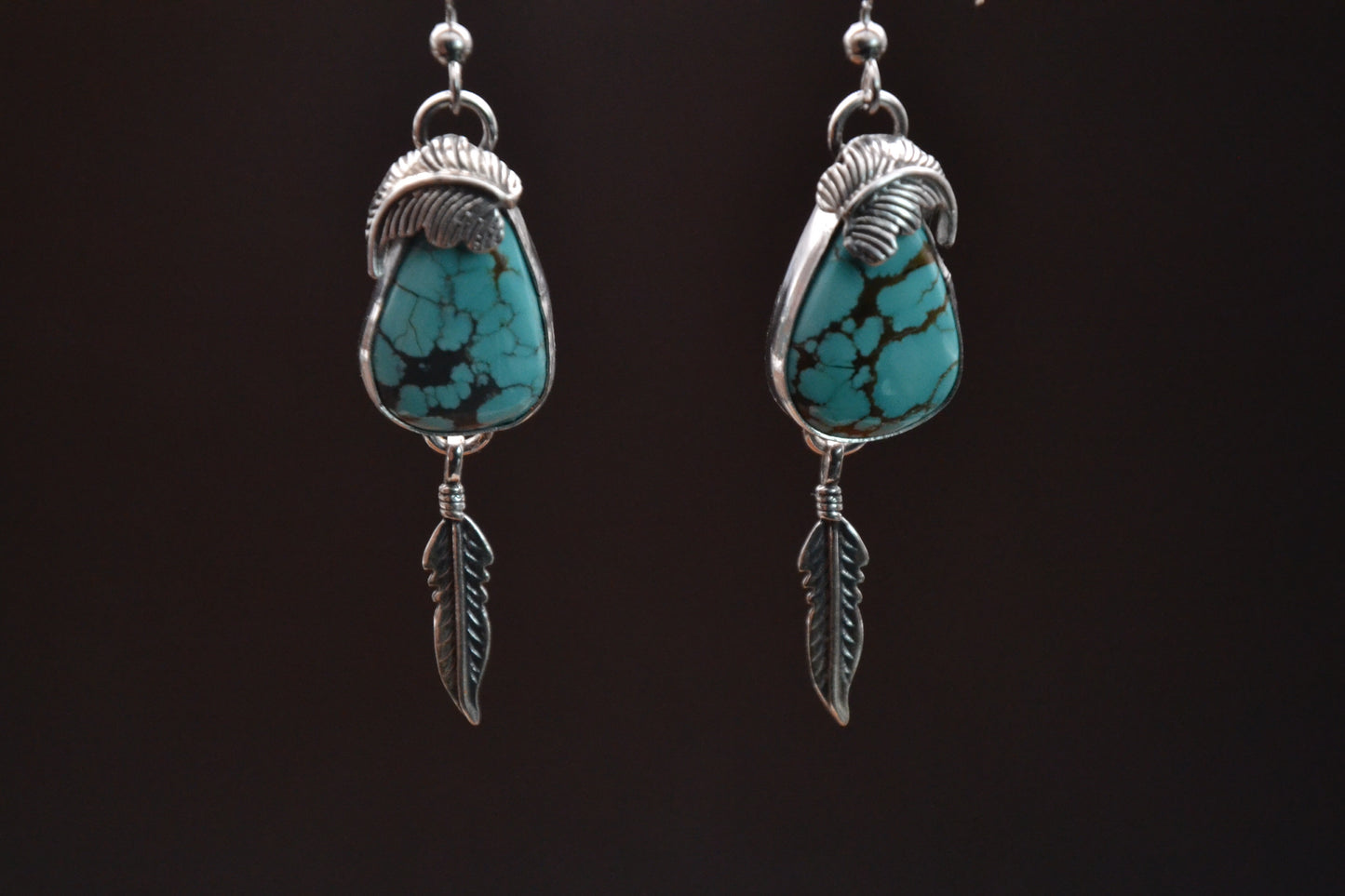 Boucles d'oreilles-turquoise number 8-bijoux amerindiens-style navajo-plumes-pendantes-unique-argent-cadeau