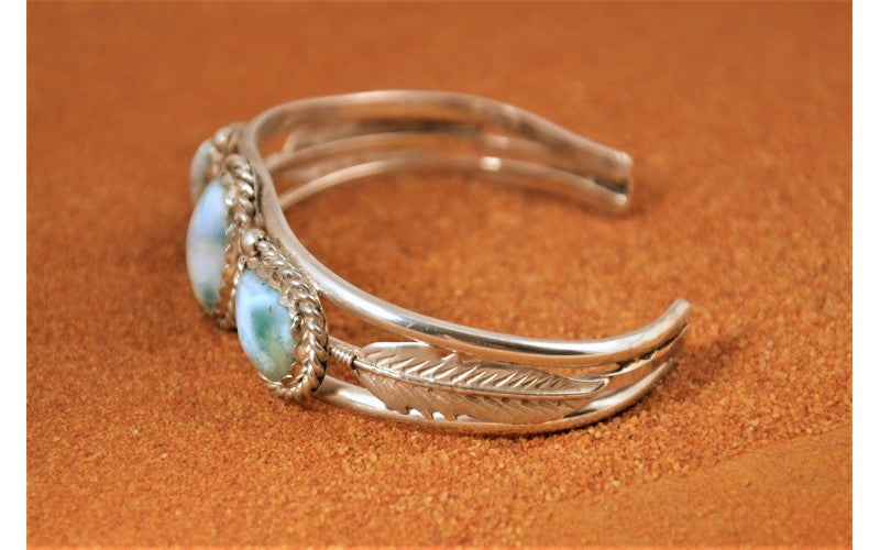 Larimar bracelet - 925/1000 silver - Native American jewelry - feathers and drops - unique handcrafted piece - gift idea