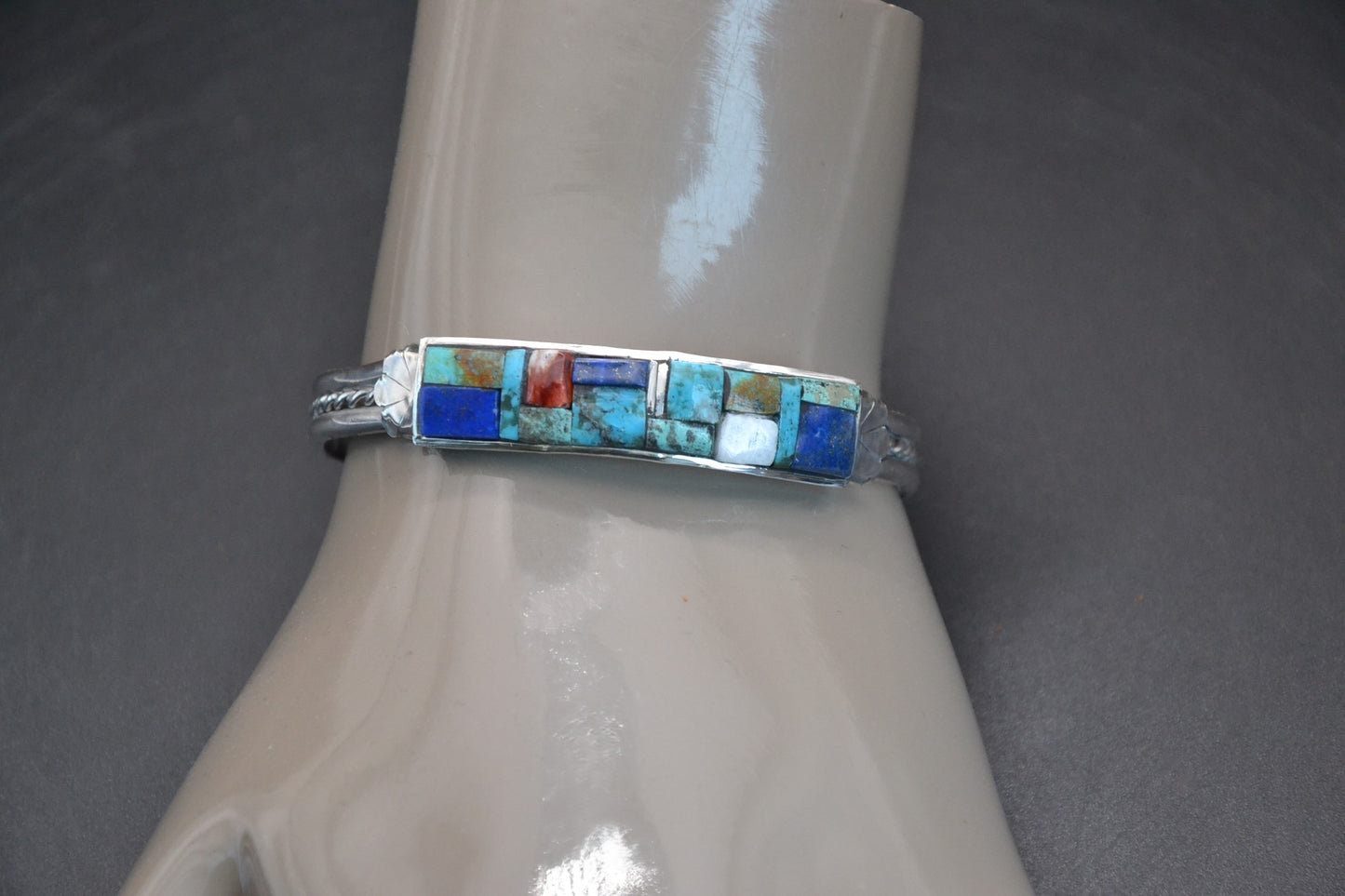 Bijoux amerindiens-bracelet manchette-multipierres-style navajo-femme et homme-argent sterling-turquoise-lapis-nacre-spiny