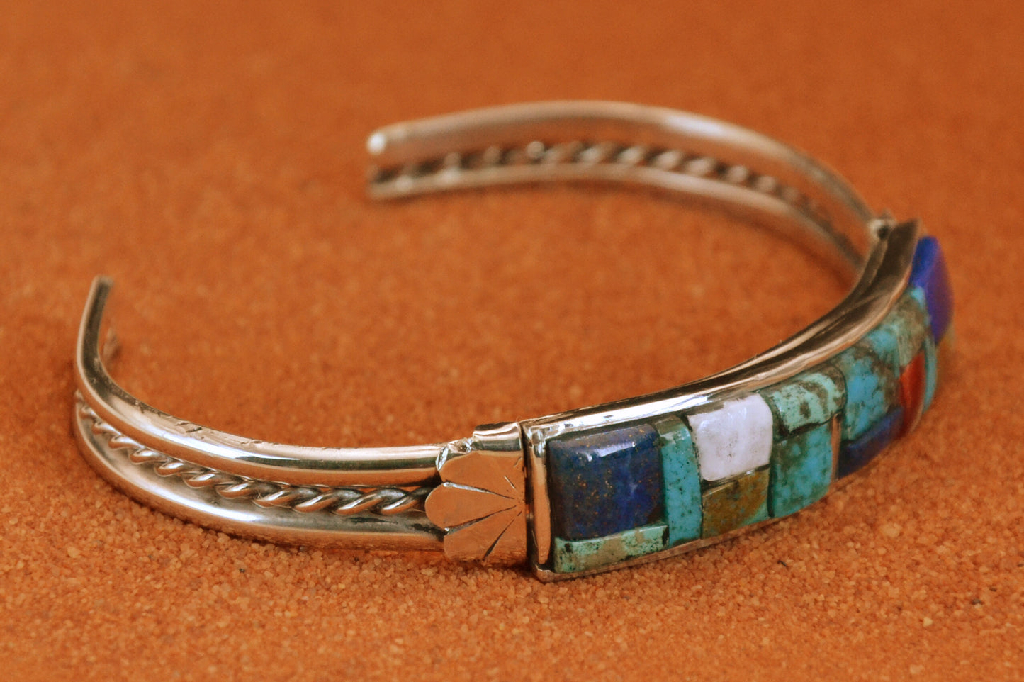 Bijoux amerindiens-bracelet manchette-multipierres-style navajo-femme et homme-argent sterling-turquoise-lapis-nacre-spiny