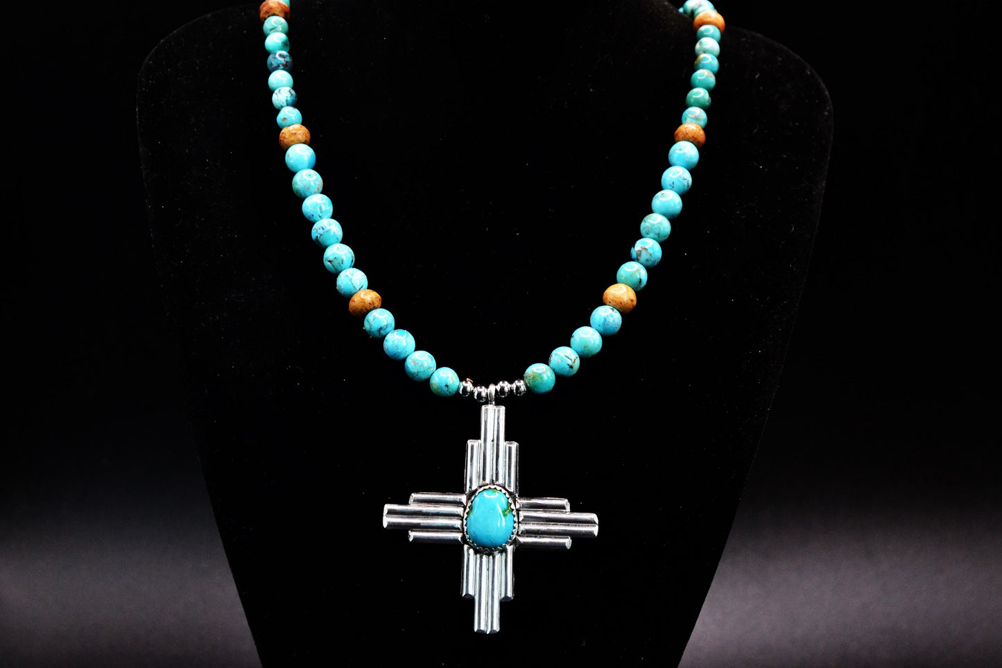 Collier turquoise-croix zia-perles-argent sterling-bijoux amerindiens-style navajo-cadeau-artisanat-kingman-sierra blue