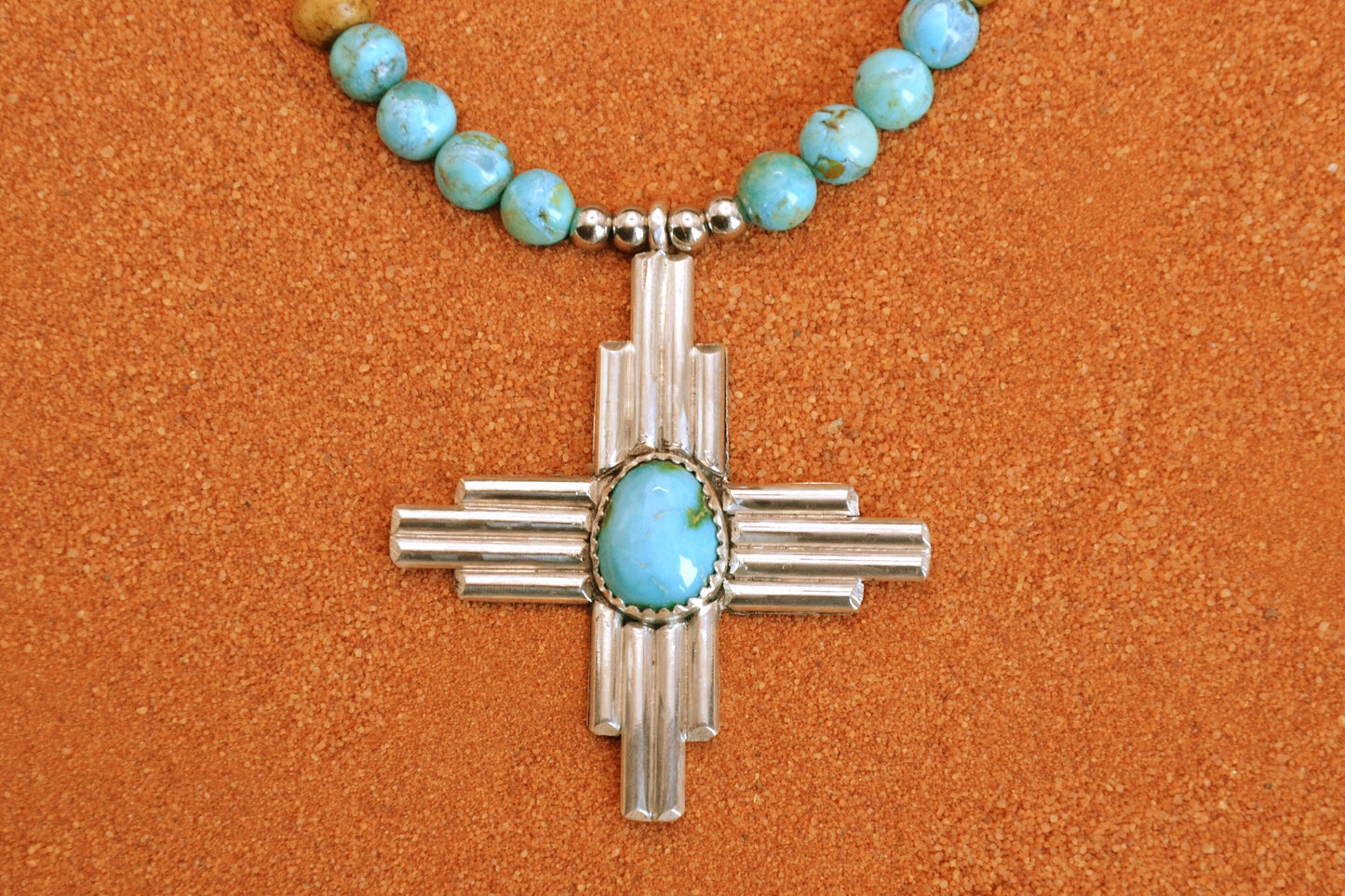 Collier turquoise-croix zia-perles-argent sterling-bijoux amerindiens-style navajo-cadeau-artisanat-kingman-sierra blue