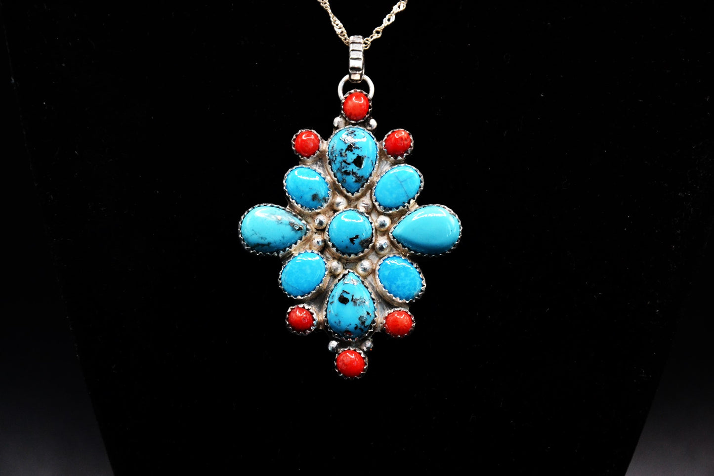 Pendentif femme-amerindien-style navajo-fleur-turquoise-corail-cadeau-artisanat-argent sterling