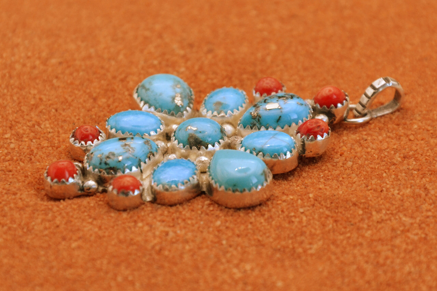 Pendentif femme-amerindien-style navajo-fleur-turquoise-corail-cadeau-artisanat-argent sterling