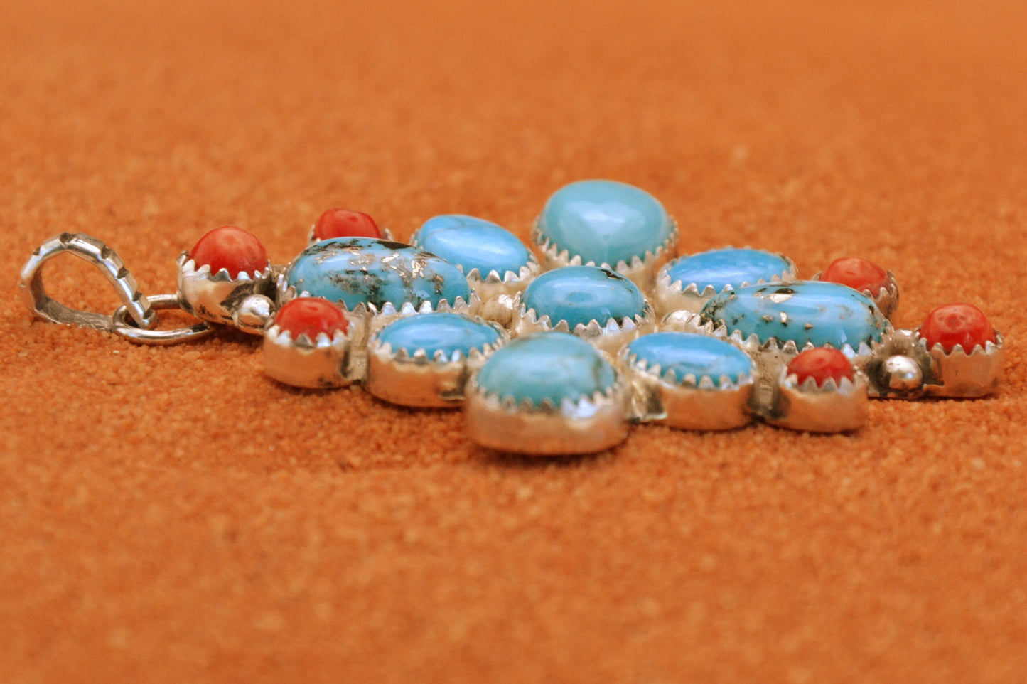 Pendentif femme-amerindien-style navajo-fleur-turquoise-corail-cadeau-artisanat-argent sterling