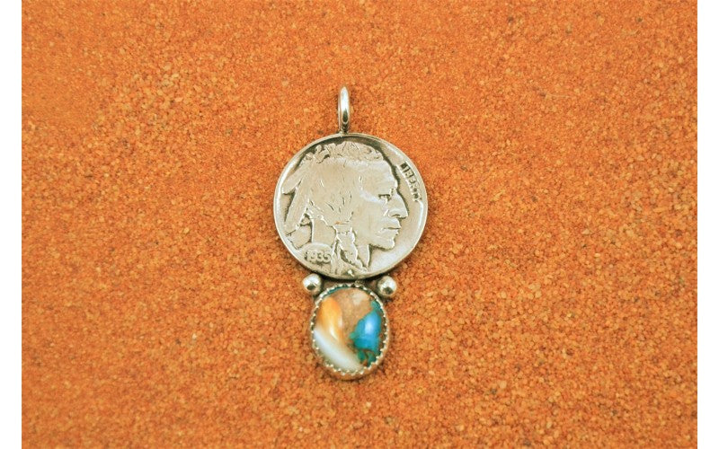 Pendentif bison-tête d'indien-turquoise oyster copper-argent-style navajo-femme et homme