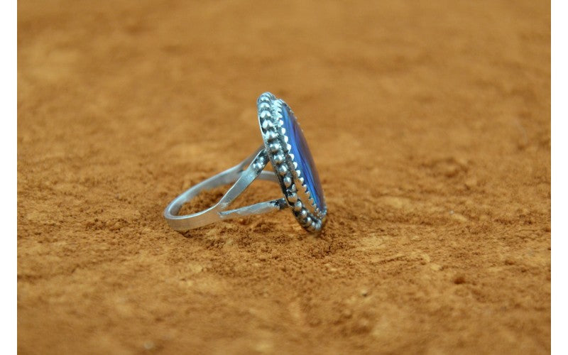 Bague abalone bleue-femme-style navajo-argent 925/1000-cadeau-bijoux amerindiens-artisanat