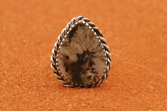 bague femme-agate dendrite-argent 925/1000-idée cadeau-style navajo-boheme-artisanat