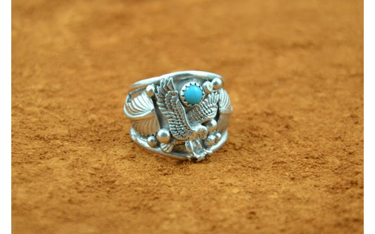 Bague aigle et turquoise, bijoux amérindiens, argent 925/1000, style navajo, chevalière homme, fait main, garanti à vie