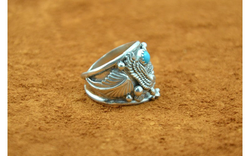 Bague aigle et turquoise, bijoux amérindiens, argent 925/1000, style navajo, chevalière homme, fait main, garanti à vie