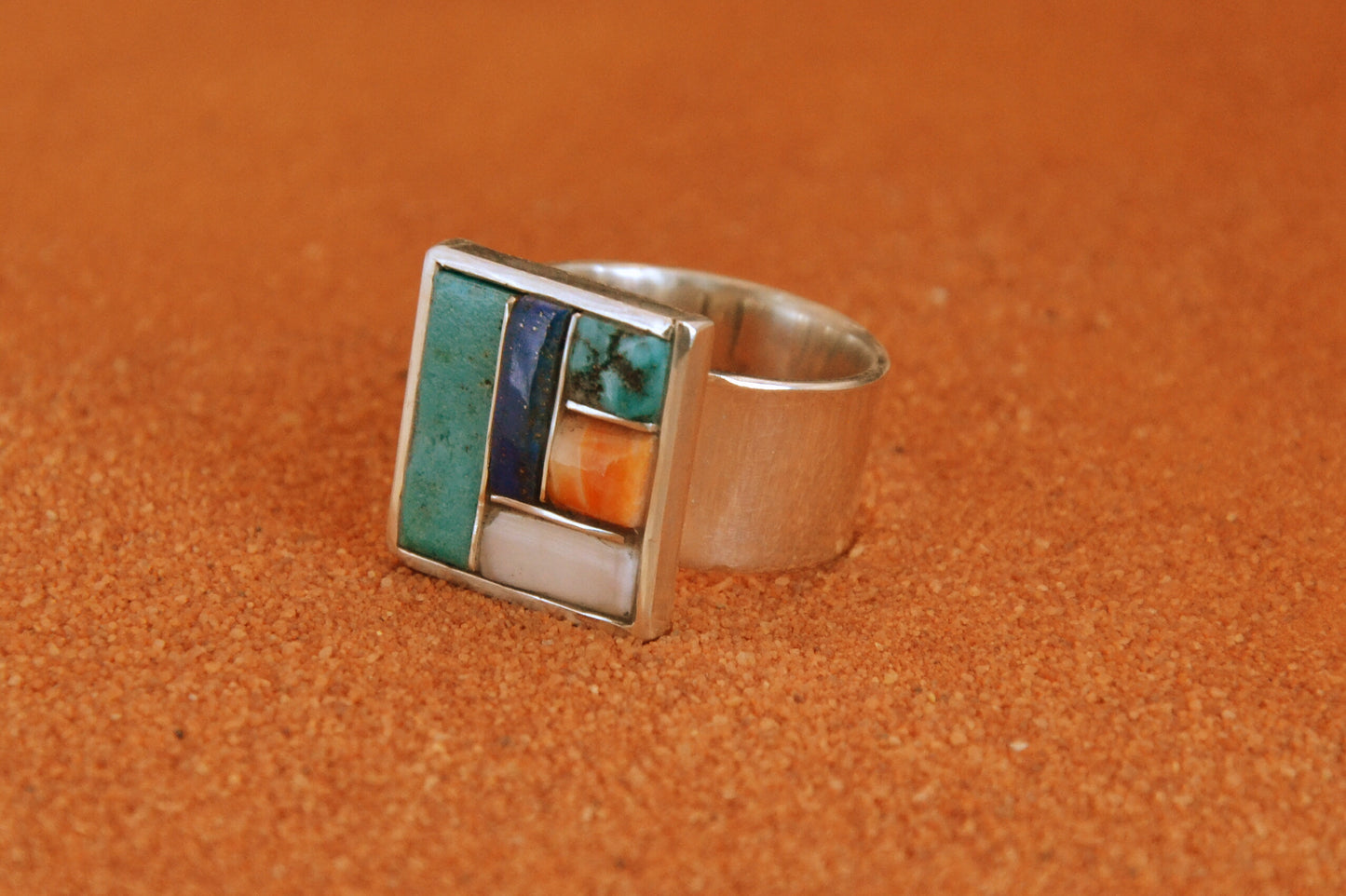 Bijoux amerindiens-style navajo-bague multipierres-argent sterling-turquoise-lapis-nacre-spiny oyster-homme et femme-taille 58