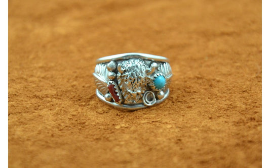 Bague bison, turquoise et corail, argent 925/1000, chevalière, bijoux navajo, fait main, bijoux amérindiens