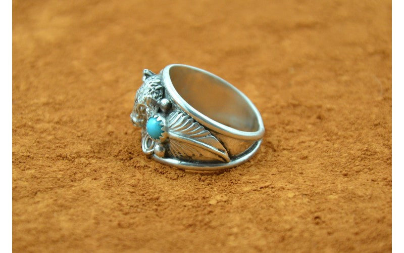 Bague bison, turquoise et corail, argent 925/1000, chevalière, bijoux navajo, fait main, bijoux amérindiens