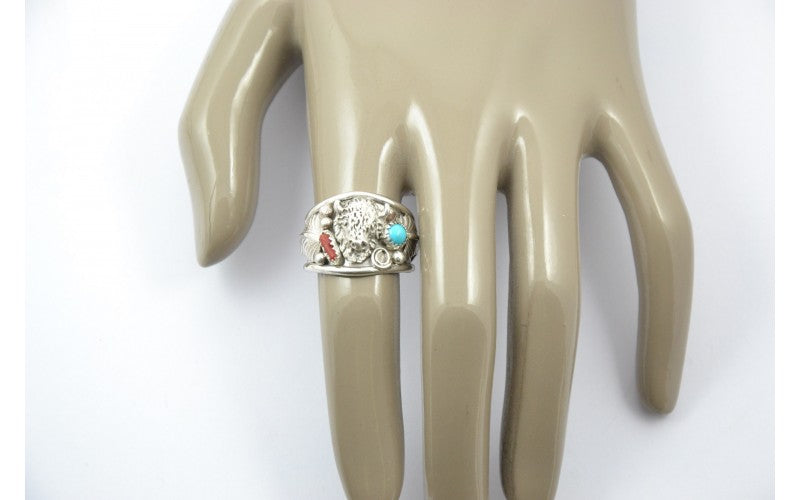 Bague bison, turquoise et corail, argent 925/1000, chevalière, bijoux navajo, fait main, bijoux amérindiens