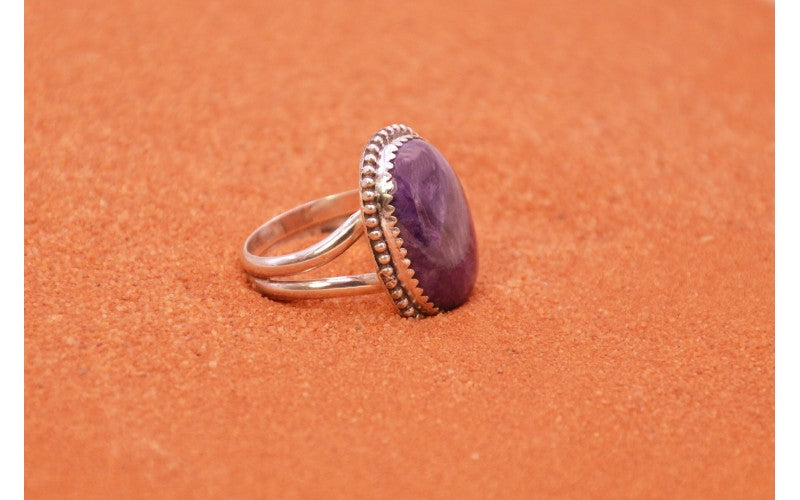 bague charoite-argent 925/1000-bijou mixte-idée cadeau-bijoux amerindiens-bohème-pièce unique