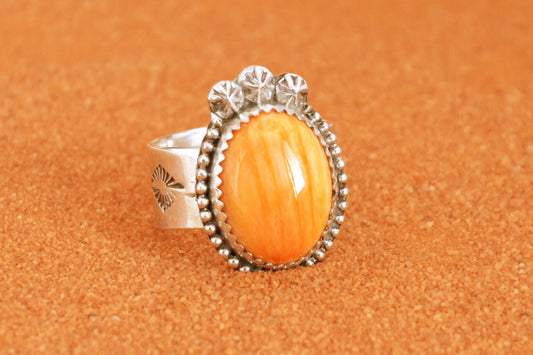 Bague femme-spiny oyster-amerindienne-style navajo-cadeau-argent sterling-orange-artisanat