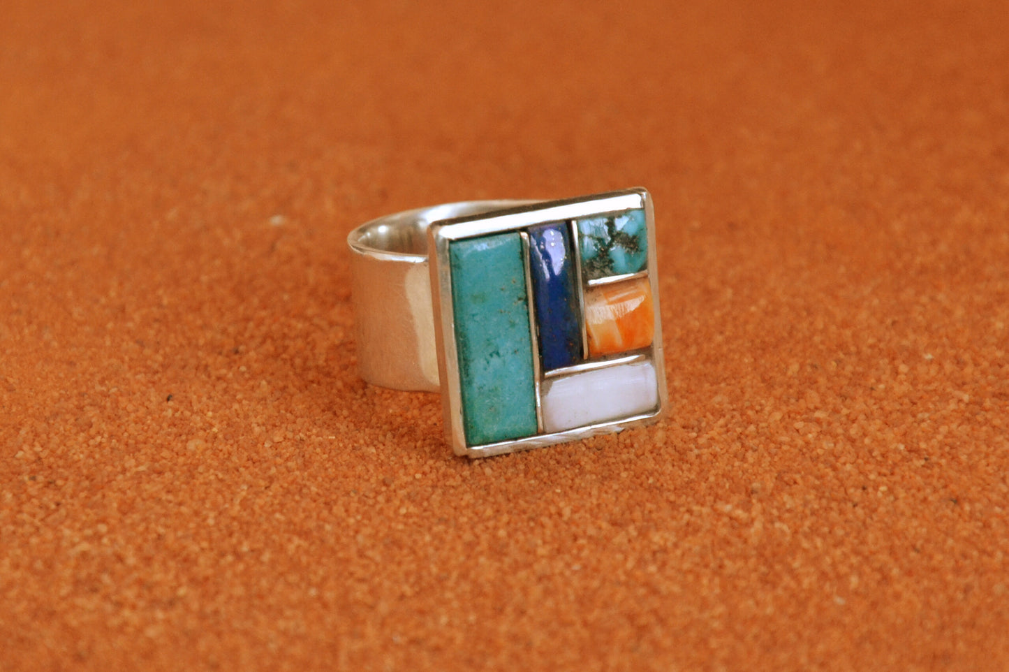 Bijoux amerindiens-style navajo-bague multipierres-argent sterling-turquoise-lapis-nacre-spiny oyster-homme et femme-taille 58
