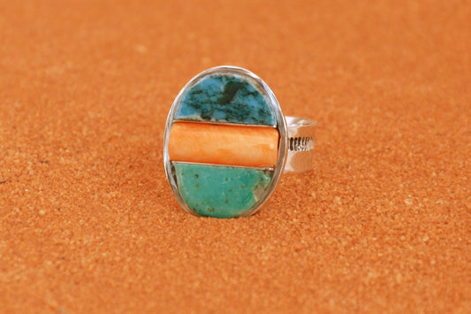 Bague homme-chevaliere-turquoise kingman-spiny oyster-style navajo-amerindien-unique-cadeau
