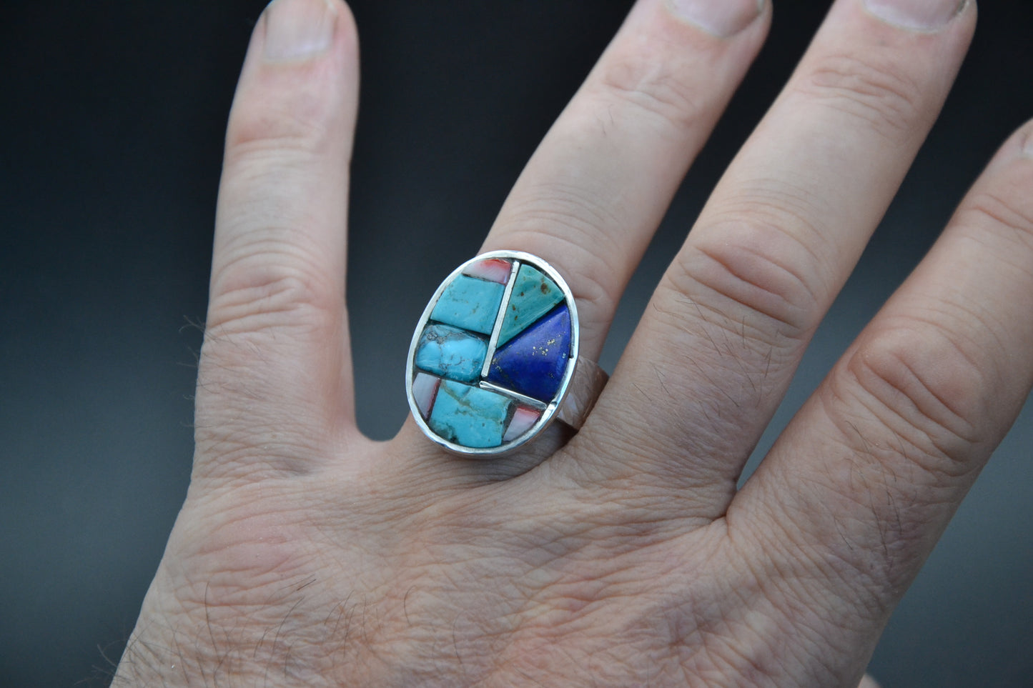 Bague homme-chevaliere-turquoise-lapis lazuli-corail-bijoux amerindiens-argent sterling-cadeau