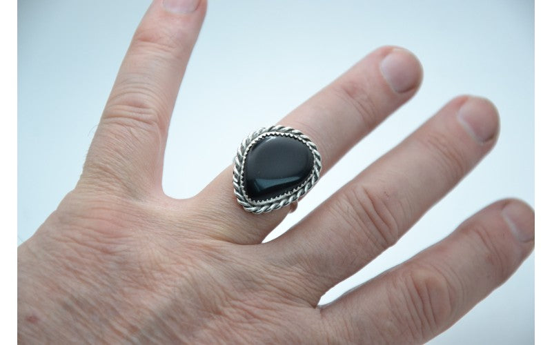 Bague obsidienne-argent 925/1000-ajustable-bijoux amerindiens-bague mixte-boheme-idée cadeau-style navajo