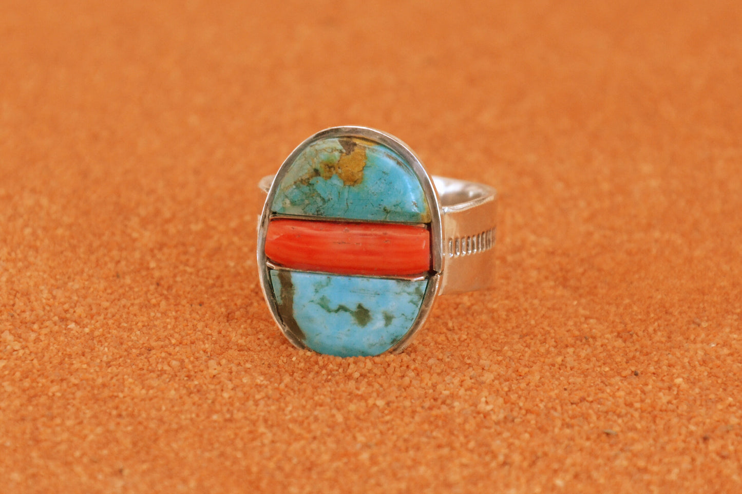Bague turquoise-chevaliere-corail-homme-bijoux amerindiens-style navajo-cadeau-unique-argent sterling
