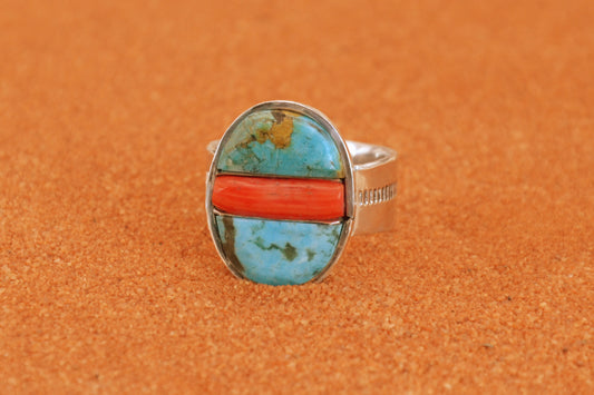 Bague turquoise-chevaliere-corail-homme-bijoux amerindiens-style navajo-cadeau-unique-argent sterling