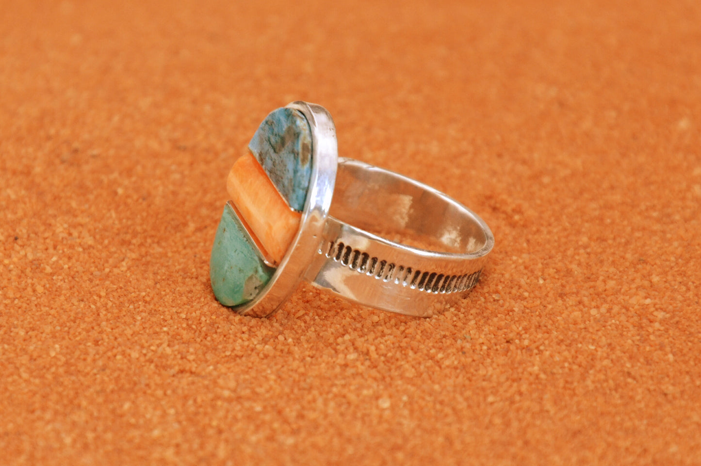 Bague homme-chevaliere-turquoise kingman-spiny oyster-style navajo-amerindien-unique-cadeau