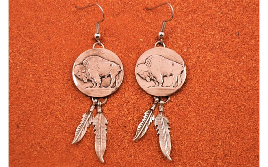 Boucles d'oreilles-plumes-argent 925-bison-style navajo-bijoux amerindiens-artisanat-pour femme