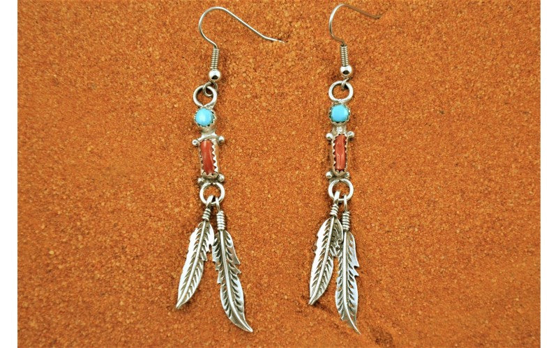 Boucles d'oreilles amérindienne, turquoise et corail, plumes, fait main, argent 925, idée cadeau, bijoux amerindiens, cadeau, navajo