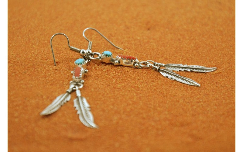 Boucles d'oreilles amérindienne, turquoise et corail, plumes, fait main, argent 925, idée cadeau, bijoux amerindiens, cadeau, navajo