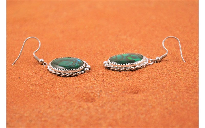 Boucles d'oreilles abalone, paua shell, couleur verte, argent 925/1000, corde, gouttes, artisanales, style navajo, cadeau