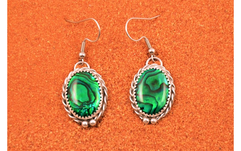 Boucles d'oreilles abalone, paua shell, couleur verte, argent 925/1000, corde, gouttes, artisanales, style navajo, cadeau