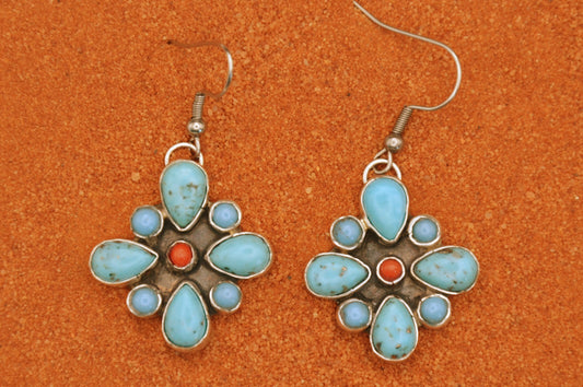 Boucles d'oreilles-femme-turquoise-corail-amerindienne-navajo-argent sterling-cadeau