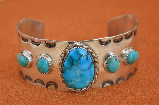 Bracelet manchette-amerindien-turquoises kingman-style navajo-pour homme-argent sterling-cadeau-unique