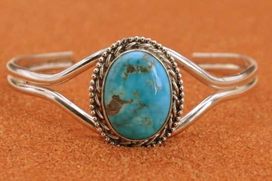 Bracelet turquoise-manchette-kingman-bijoux femme-style navajo-amerindien-cadeau-argent massif-unique