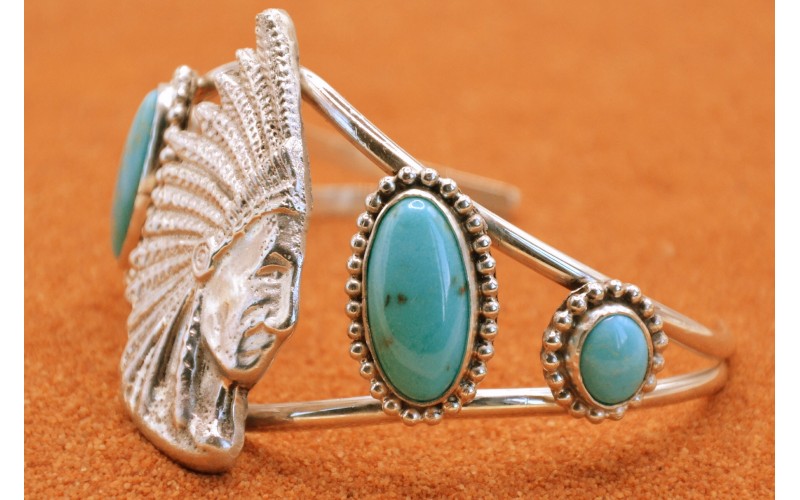 bracelet turquoise-tête d'indien-argent 925/1000-bijoux amerindiens-idée cadeau-style navajo-piece unique