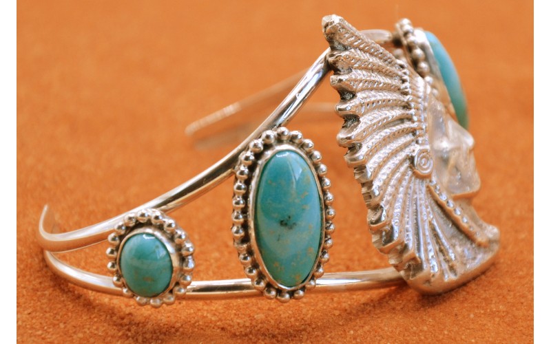 bracelet turquoise-tête d'indien-argent 925/1000-bijoux amerindiens-idée cadeau-style navajo-piece unique