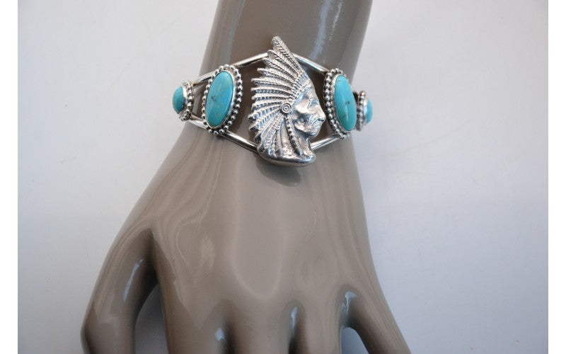 bracelet turquoise-tête d'indien-argent 925/1000-bijoux amerindiens-idée cadeau-style navajo-piece unique