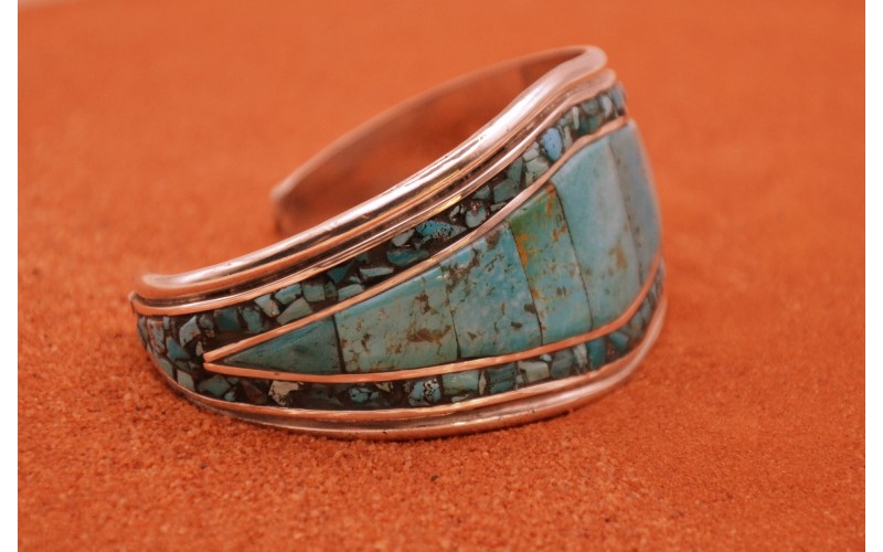 Bracelet turquoise kingman-argent 925/1000-style navajo-pièce unique-femme et homme-bohème-bijoux amerindiens