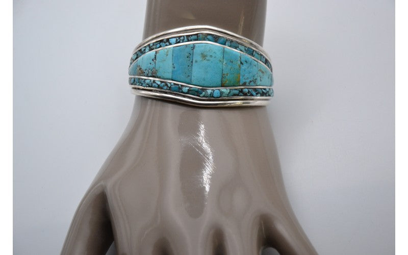 Bracelet turquoise kingman-argent 925/1000-style navajo-pièce unique-femme et homme-bohème-bijoux amerindiens